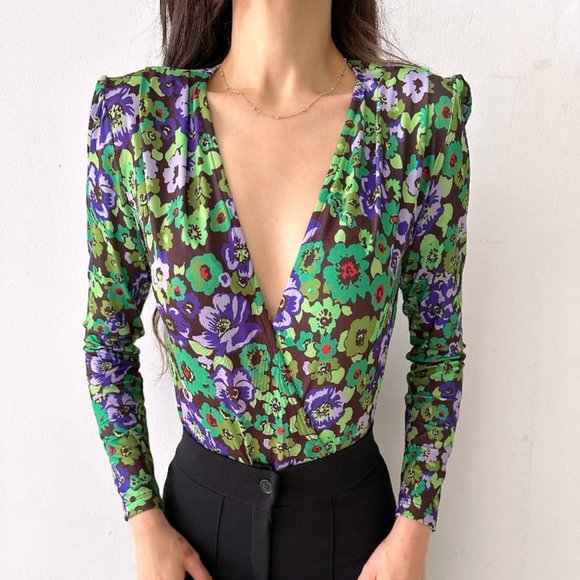 Zara Women's Floral Faux Wrap Long Sleeve Green Purple Draped Bodysuit Size S - Picture 13 of 13